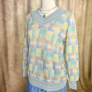 Vintage 70s John Ashpool Geometric Knit Sweater Multicolor Pastel Retro Indie
